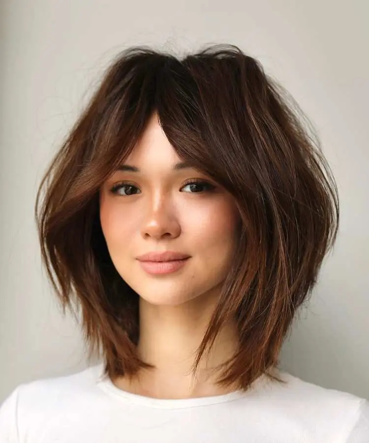Mulher com cabelo médio castanho, corte em camadas com pontas desfiadas e franja cortina. Ela veste blusa branca e olha suavemente para a câmera. O fundo neutro destaca o penteado moderno e volumoso, emoldurando seu rosto delicado.
