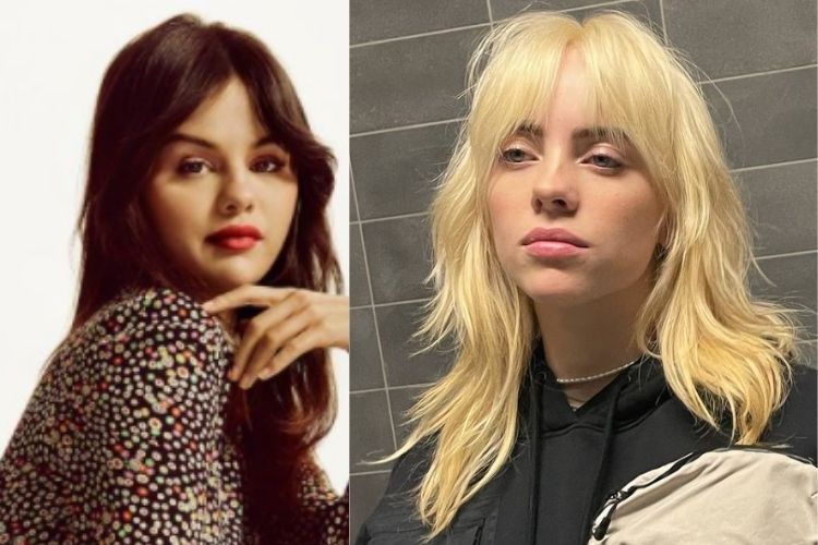 Montagem com fotos de Selena Gomez e Billie Eilish usando franja cortininha