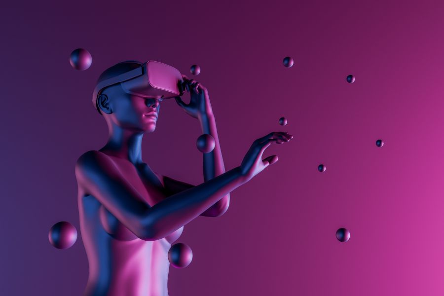silhueta de mulher usando óculos de realidade virtual e escolhendo entre bolinhas que voam ao redor dela