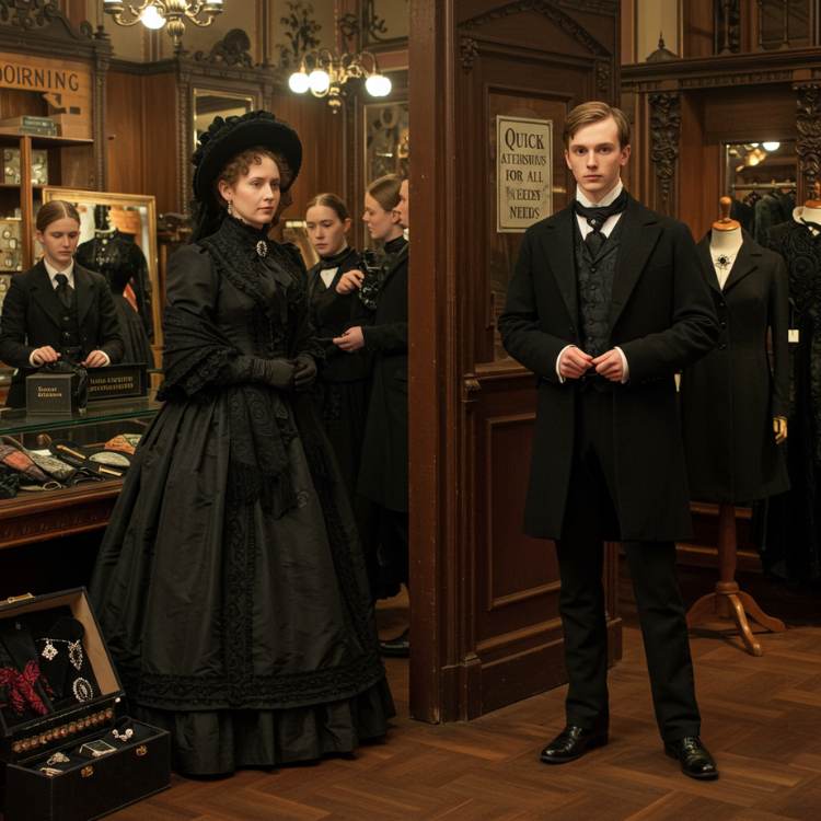 Loja de moda do século XIX com figuras vestindo trajes formais pretos. Mulher em vestido longo com chapéu elegante e homem em terno clássico, cercados por vitrines e peças de alfaiataria.