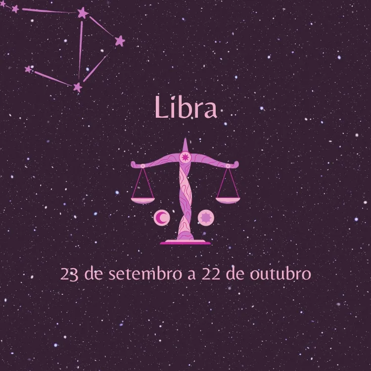 fundo estrelado com o símbolo e as datas do signo de Libra