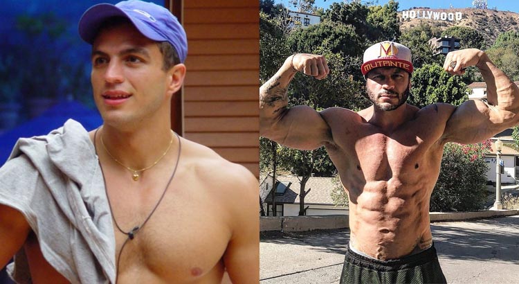 Montagem com foto de Bambam no BBB 1 e atualmente, ambas sem camisa. Na segunda, o ex-BBB exibe os músculos com o letreiro de Hollywood ao fundo