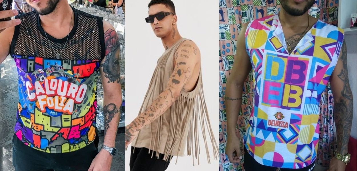 três fotos de homens usando abadás masculinos customizados
