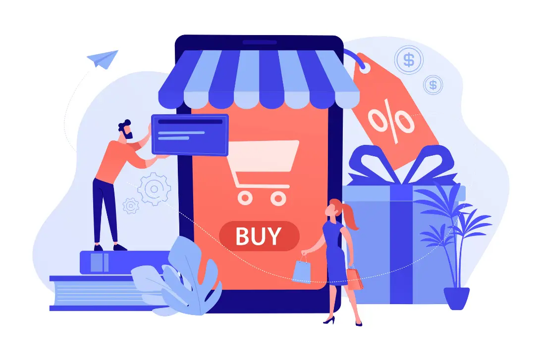 Imagem de um casal perto de um smartphone enorme com o ícone de compra na tela faz compras online.