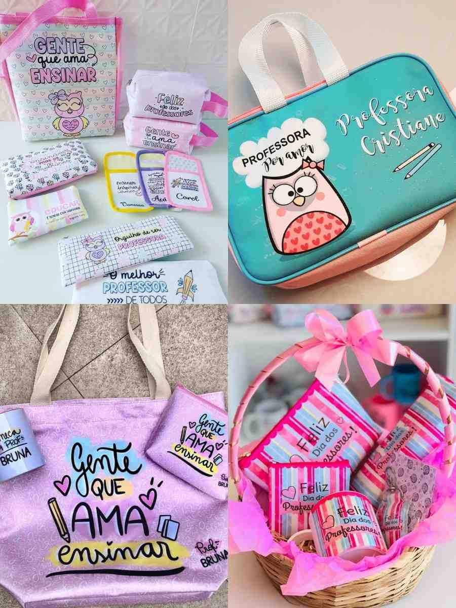 4 imagens em 1 montagem: foto de necessaires, bolsas e outros acessórios de pano personalizados para presentear.