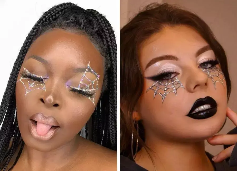 Mulher de pele negra com brilhos formando teia nos olhos e mulher de pele clara com brilhos formando teia nos olhos