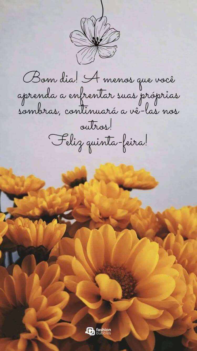 Frase "Bom dia! A menos que você aprenda a enfrentar suas próprias sombras, continuará a vê-las nos outros! Feliz quinta-feira!"  escrita em letras cursivas sobre foto de flores amarelas