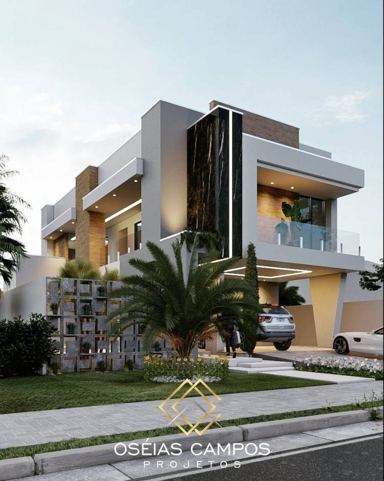 Fachada de casa moderna com texturas feitas em vários revestimentos.