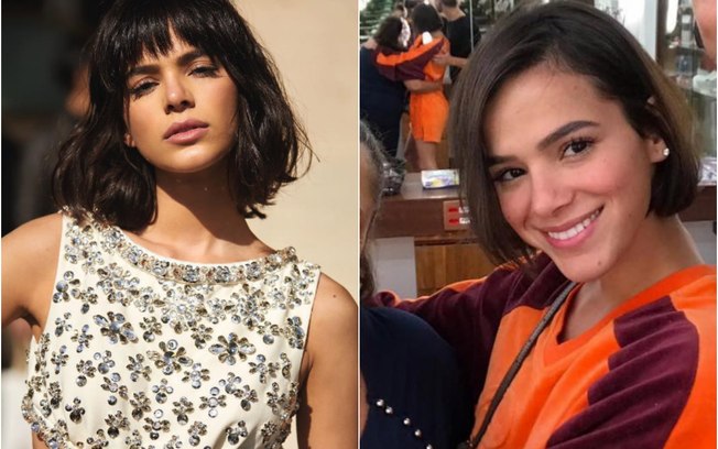 Montagem duas fotos de Bruna Marquezine com cabelo curto e médio