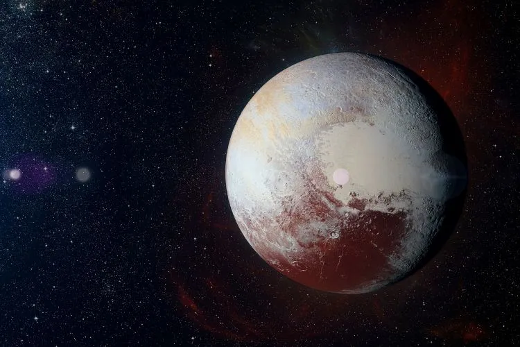 Foto do planeta Plutão em céu estrelado