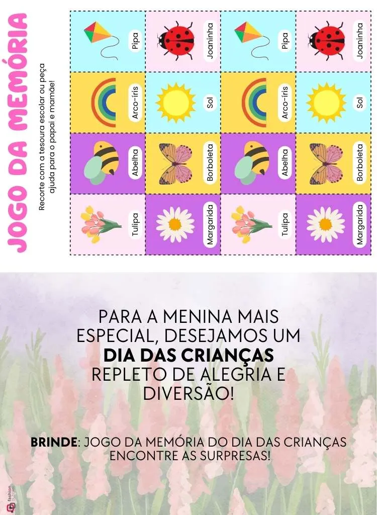 Modelo parte de dentro com frase, com Jogo da Memória para meninas, fundo borboleta