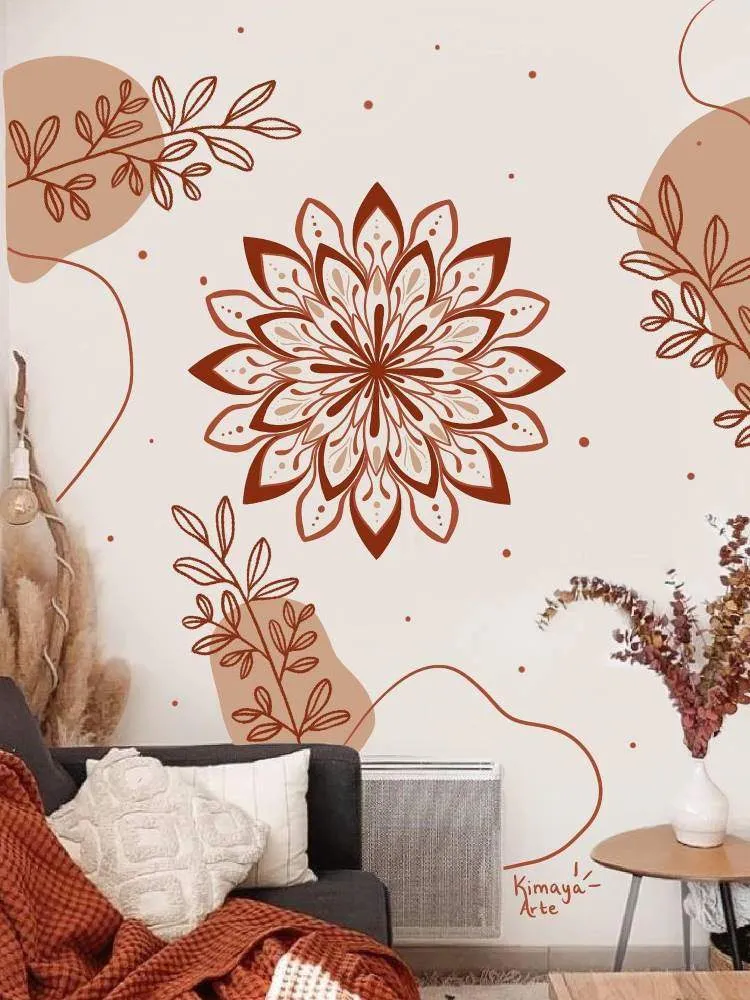 Parede destacada com mandalas e flores em vermelho. 