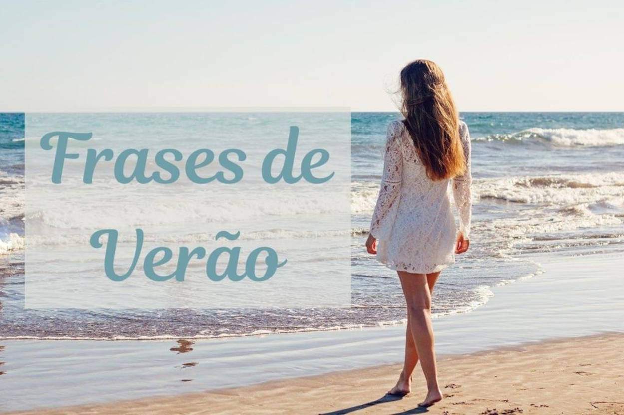 Mulher de pele clara usando saída de praia branca na beira do mar e frase "frases de verão"
