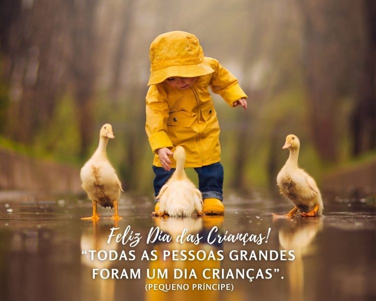 Foto de criança brincando com patos e frase "Todas as pessoas grandes foram um dia crianças.” (O Pequeno Príncipe)