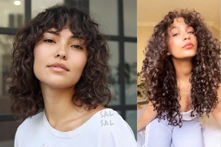 Duas mulheres com franja cortininha cacheada