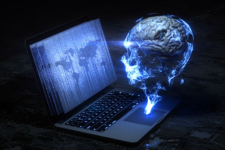 Notebook com mapa-múndi na tela e cérebro gerado por IA na frente