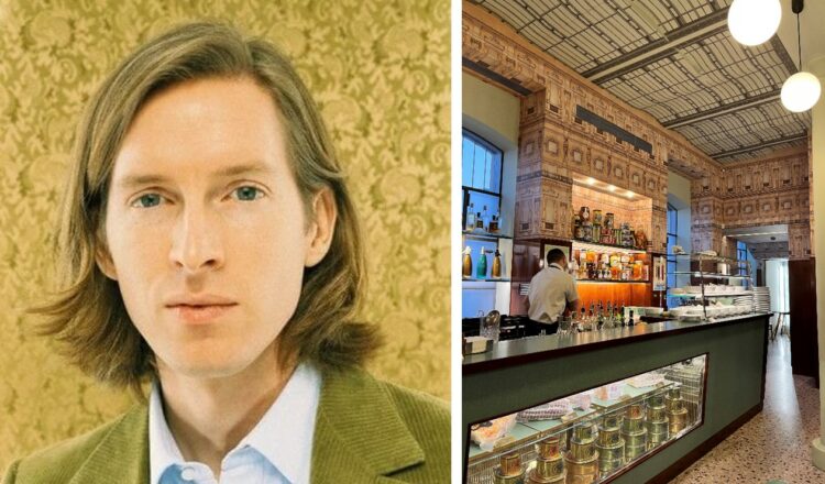 milão, bar luce, wes anderson, arte e moda, história da moda, cultura de moda Foto da esquerda Wes Anderson norte americano cineastaque projetou o Bar Luce da Fundação Prada. Foto da direita vista lateral do bar Luce com visão de uma pessoa trabalhando com camisa branca