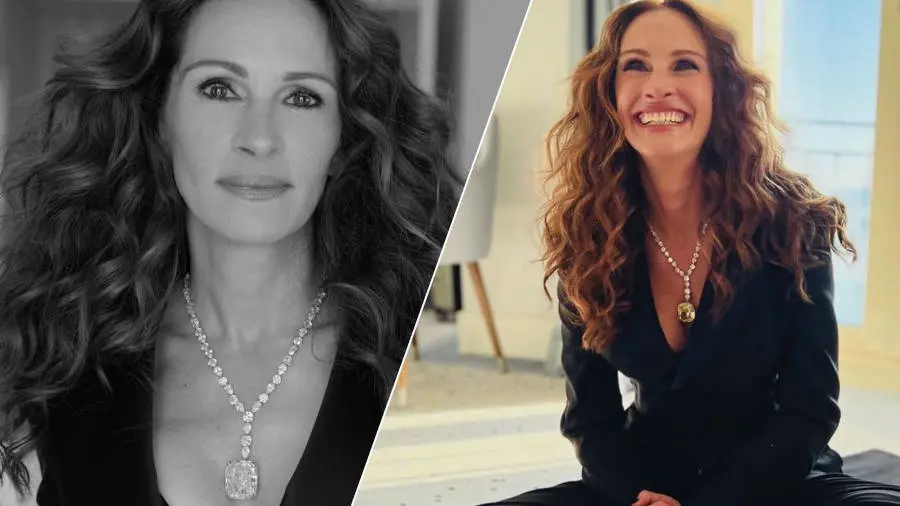 Montagem de duas fotos de Julia Roberts, a primeira, em preto e branco, foca no rosto da atriz com um colar no pescoço. Já a segunda, colorida, a atriz está sorrindo descontraída.
