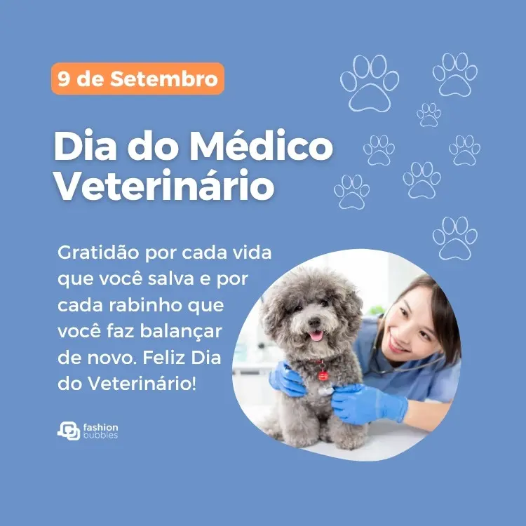Card de fundo lilás com foto de veterinária com cachorro e frase:  Gratidão por cada vida que você salva e por cada rabinho que você faz balançar de novo. Feliz Dia do Veterinário!