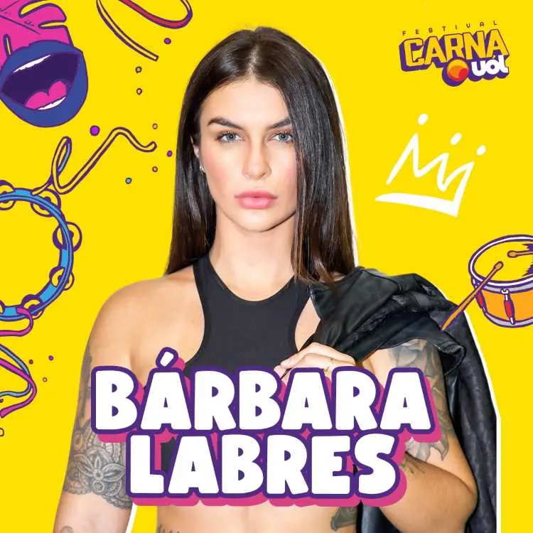 Foto de Bárbara Labres em fundo amarelo, com desenhos que remétem ao Carnaval, como pandeiro, boca e bateria...