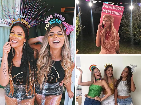 Montagem com fotos de fantasias fáceis, como a da boca Rosa e Mayara, patricinha dos privilégios e amigas de arco-íris, sol e lua.