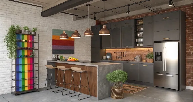 Cozinha moderna estilo industrial com armários cinza escuro, parede de tijolos aparentes e iluminação de pendentes metálicos. Ilha central com acabamento em madeira e concreto, prateleira colorida vibrante, vasos decorativos, eletrodomésticos inox e detalhes em plantas. Ambiente funcional e acolhedor.
