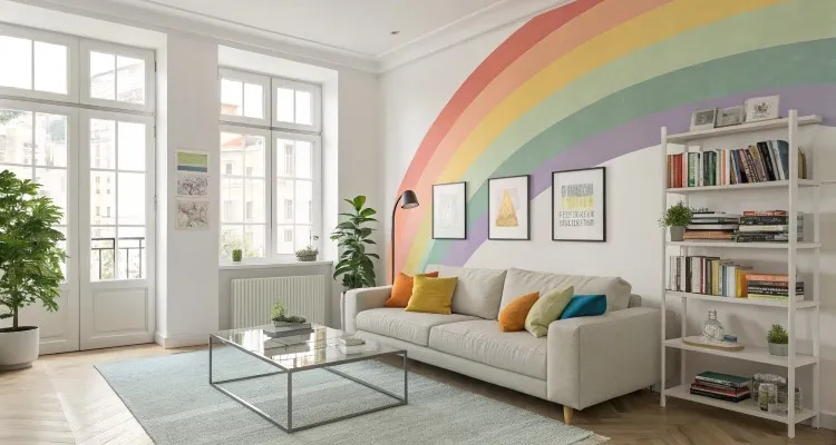Sala de estar iluminada com parede decorada por arco-íris, sofá bege com almofadas coloridas, mesa de centro de vidro, estante branca com livros e plantas. Grandes janelas trazem luz natural, criando um ambiente vibrante, acolhedor e harmonioso.
