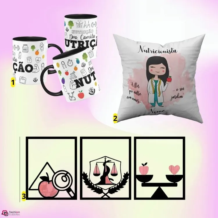 Montagem de fundo roxo e amarelo com opções de presentes para o Dia do Nutricionista: canecas brancas da profissão, almofada e quadros
