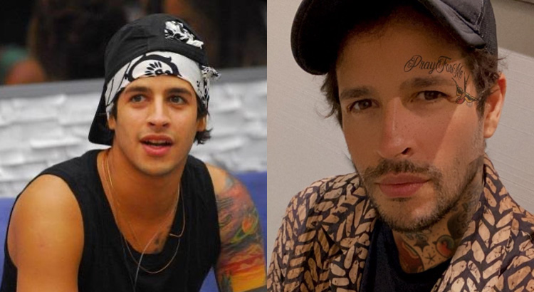 Montagem com duas fotos de Rafinha, uma na época do BBB e outra atualmente 