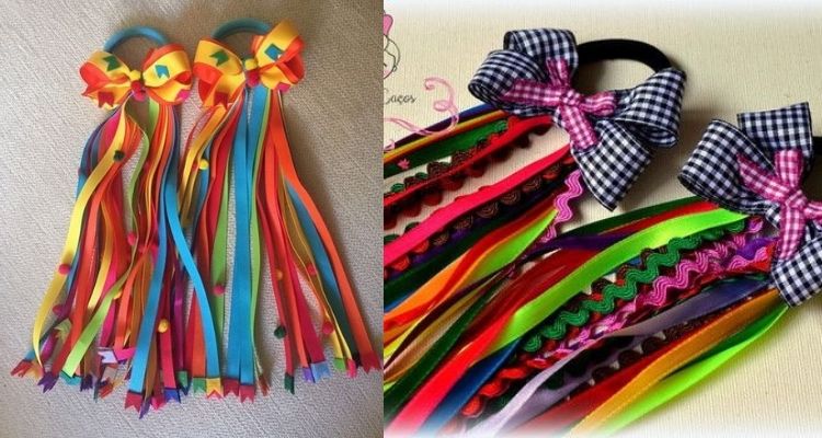 Adereço de festa junina com laços e fitas coloridas