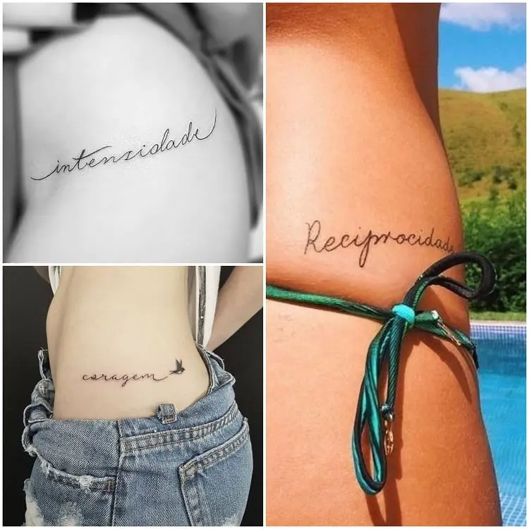 Montagem com três fotos de tatuagem para cintura com palavra
