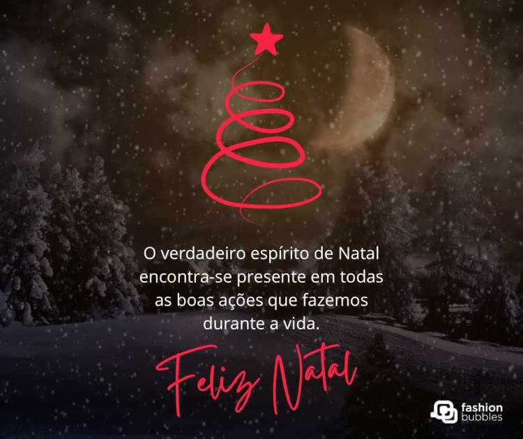 Foto de árvores cobertas pela neve e frase: O verdadeiro espírito de Natal encontra-se presente em todas as boas ações que fazemos durante a vida.