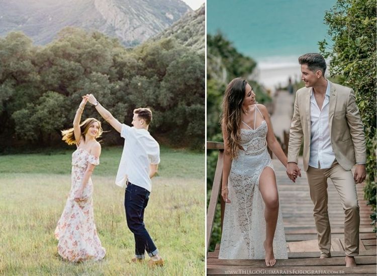 montagem com duas fotos de vestido pré-wedding diferente, estampado e de renda vestido pré-wedding diferente