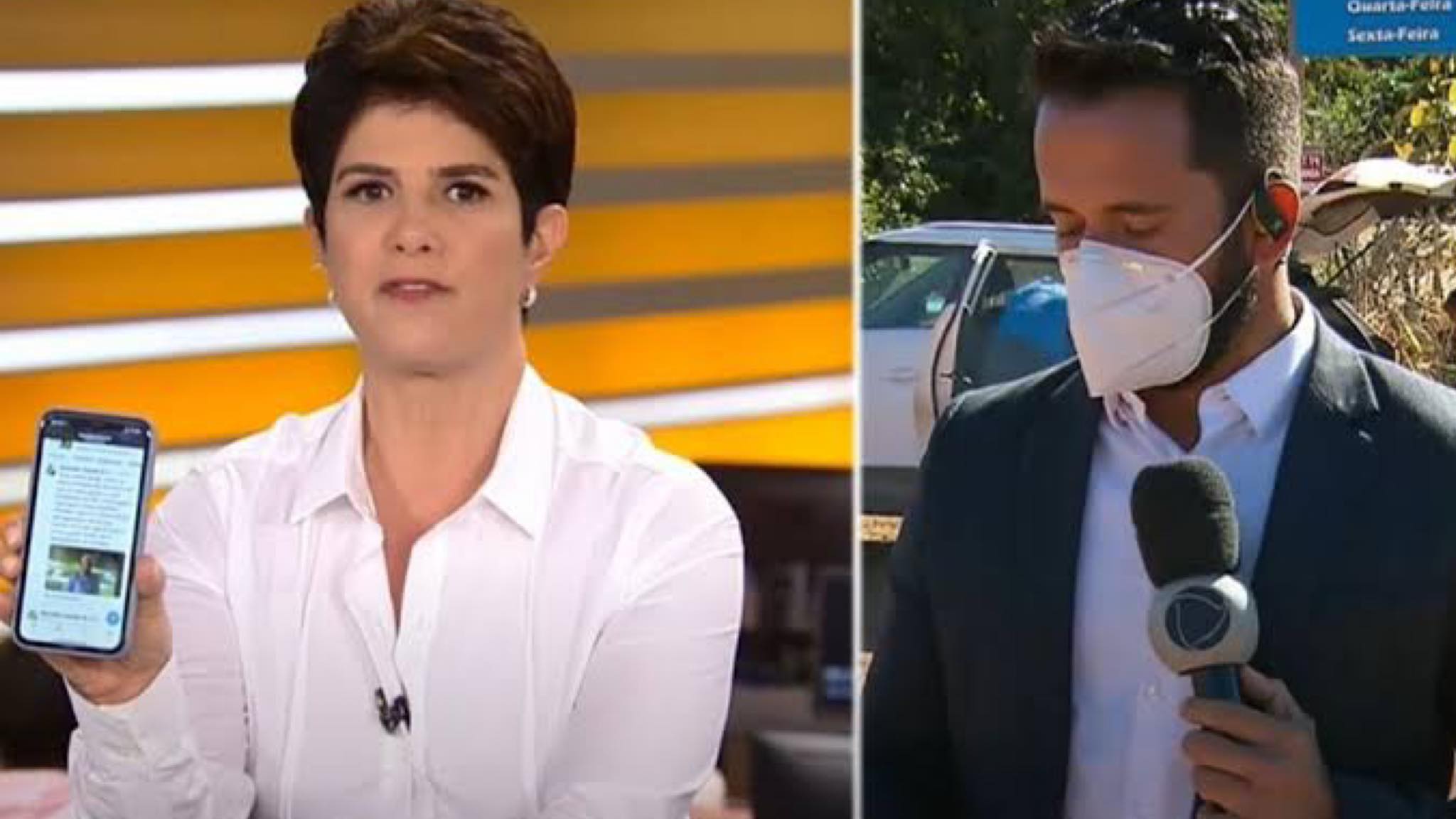 Mariana Godoy dá em primeira mão a notícia da morte de Lázaro e o repórter Dionísio Freitas faz o link ao vivo (imagem: site Notícias da TV)