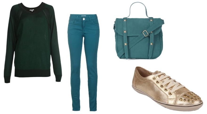 Calça turquesa, malha verde, bolsa esverdeada e tênis dourado. 
