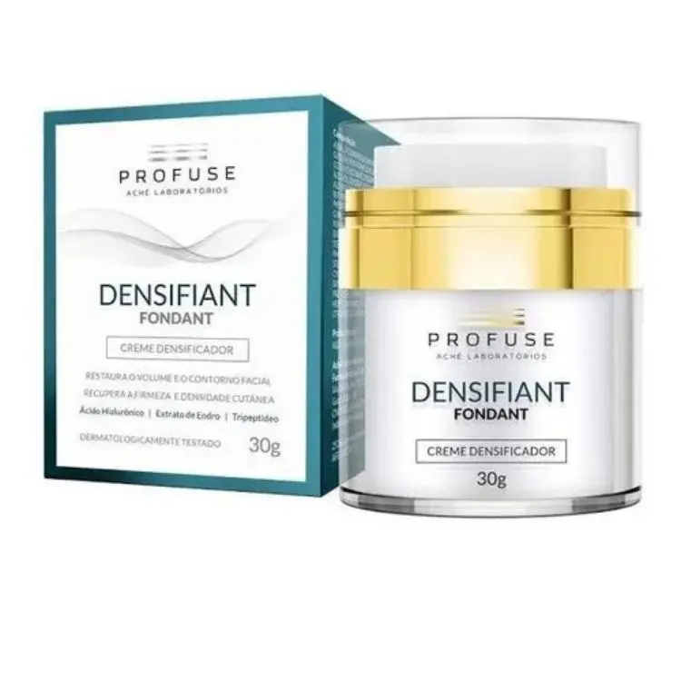 A imagem mostra o creme densificador Profuse Densifiant Fondant, da Aché Laboratórios. Ele restaura o volume e contorno facial, recupera firmeza e densidade, contendo ácido hialurônico, extrato de Endro e tripeptídeo. O pote branco com tampa dourada e sua caixa azul estão visíveis.

