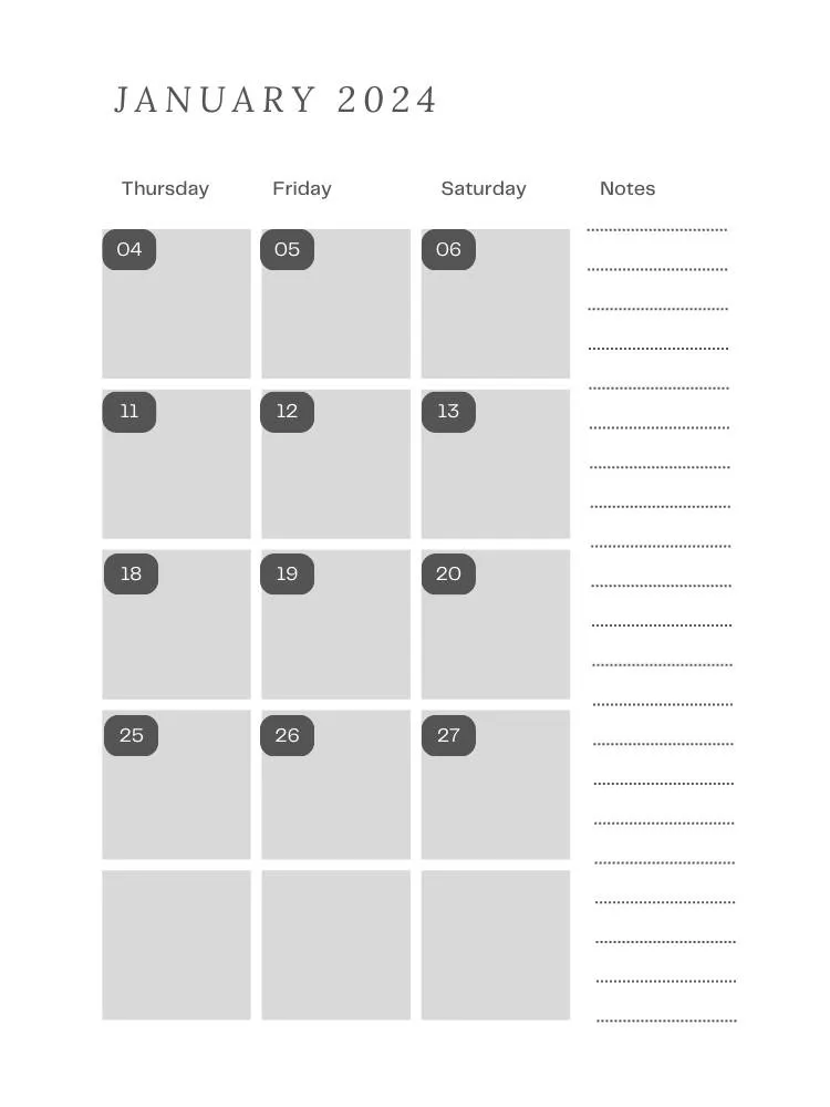 Planner em cinza do mês de janeiro, com dias e espaços para anotações. 