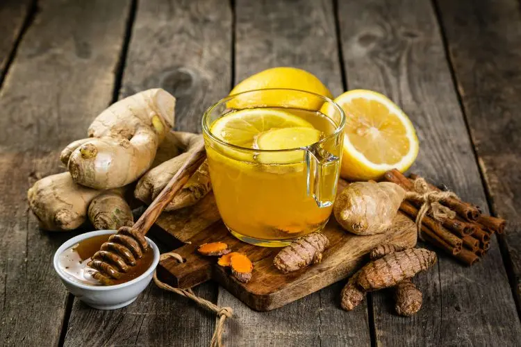 Mesa de madeira com raiz de cúrcuma, mel, limão, canela e xícara transparente com chá para infecção urinária