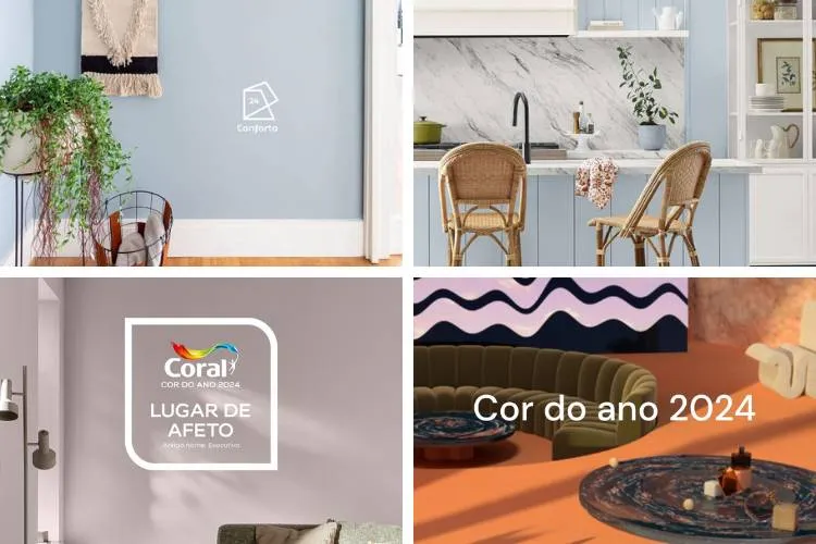 Montagem com fotos de ambientes com as 4 cores listadas abaixo. 