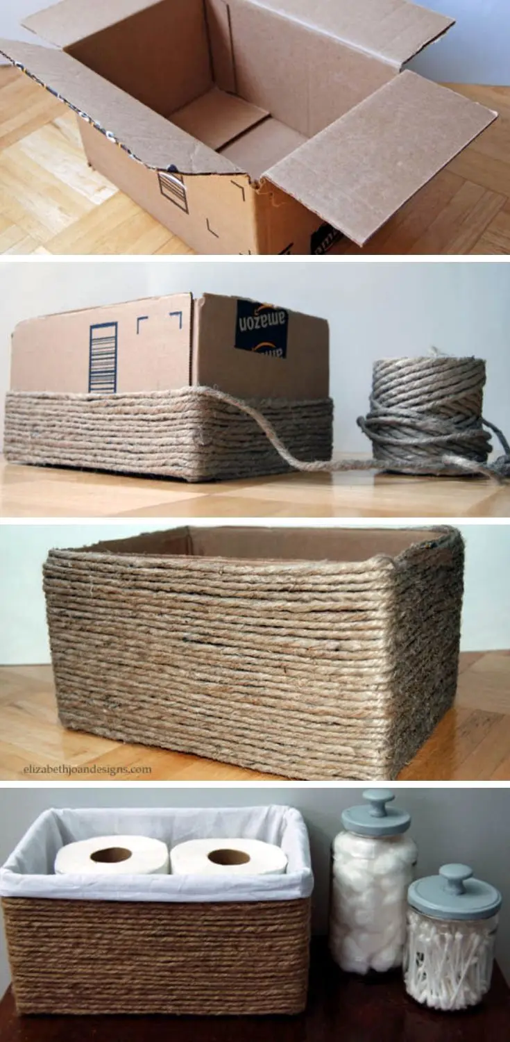 Imagem com passo a passo para fazer cesto a partir de caixa de papelão
