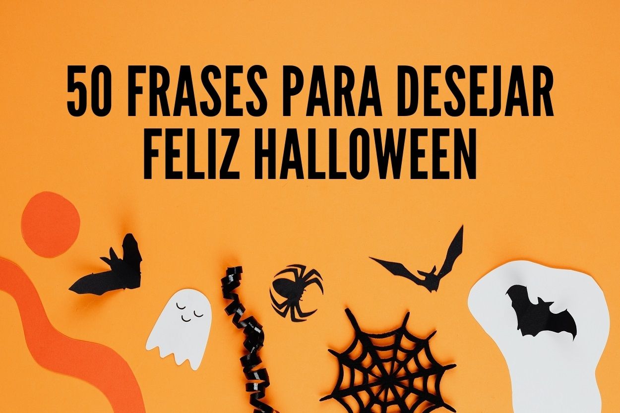 foto de monstros de papel em fundo laranja, com frase "50 frases para desejar feliz halloween"