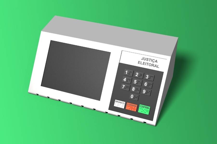 Urna eletrônica em fundo verde.