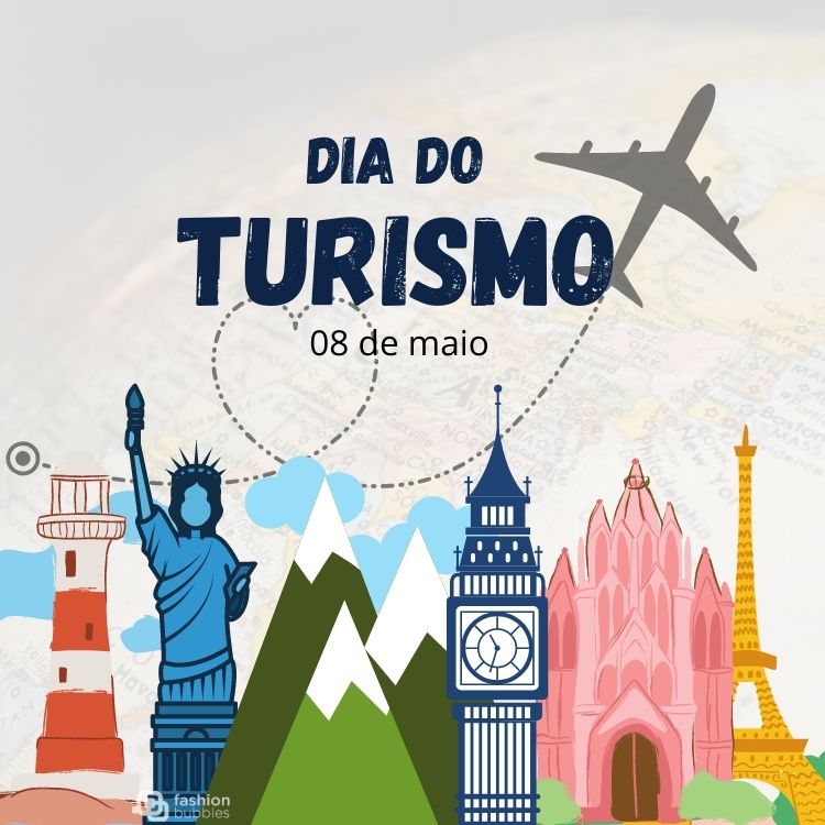 Montagem de fundo cinza com desenho de pontos turísticos, como Big Ben, Estátua da Liberdade e Tosse Eiffel