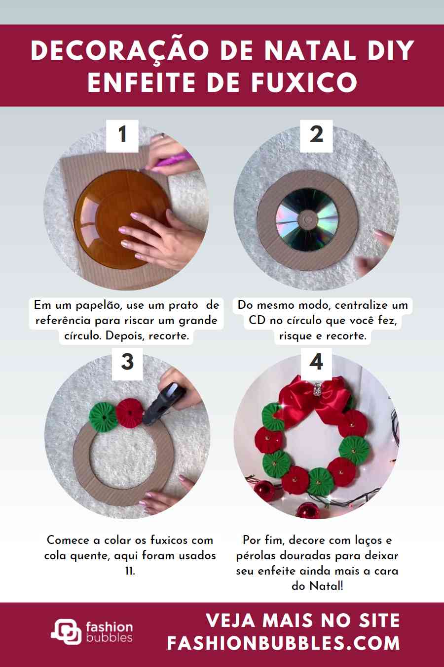 Montagem de passo a passo de enfeite de fuxico para o Natal