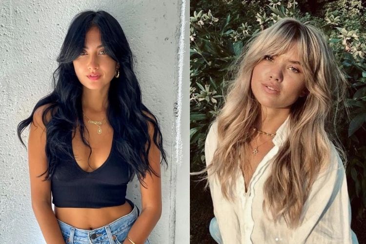 Duas mulheres com curtain bangs cabelo comprido