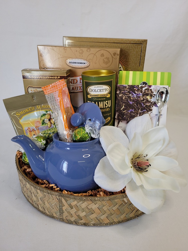cesta de presente com chá e bule