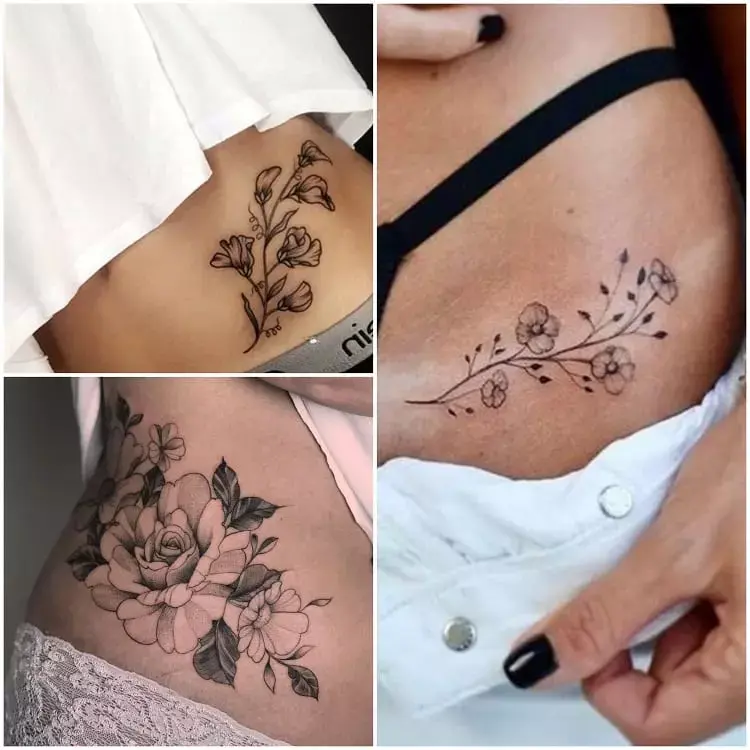 montagem com três fotos de tatuagem de cintura com motivos florais