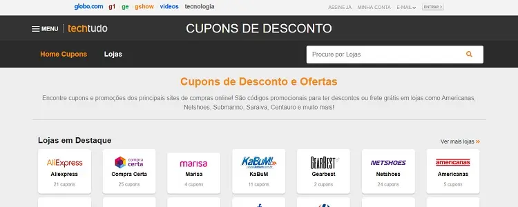 página inicial do site TechTudo Cupons