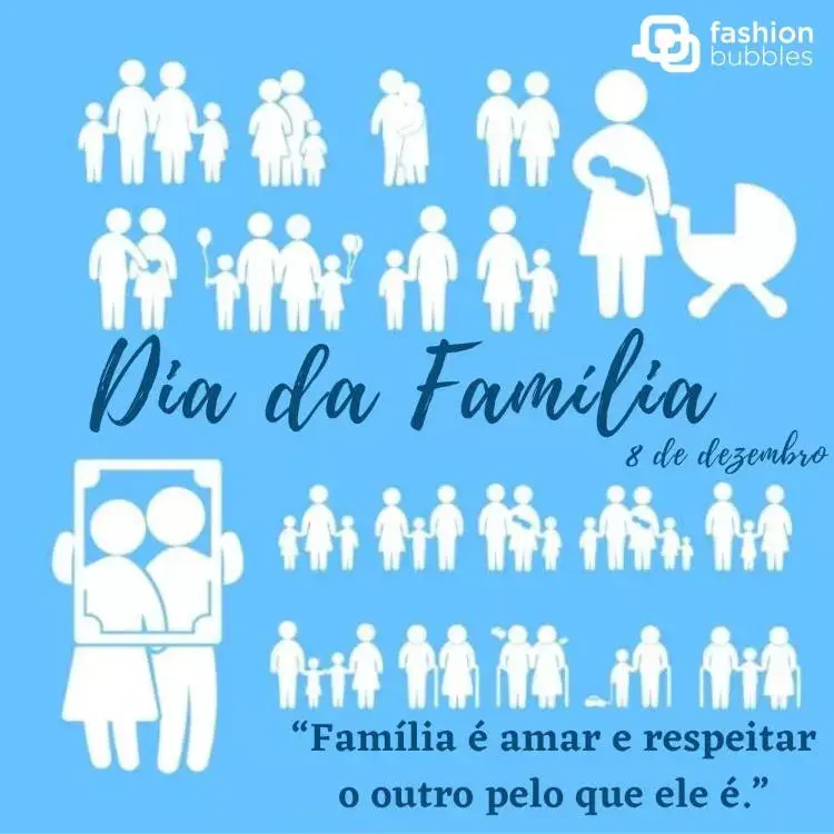 cartão virtual de fundo azul com desenhos de diferentes tipos de família e frase "Família é amar e respeitar o outro pelo que ele é."