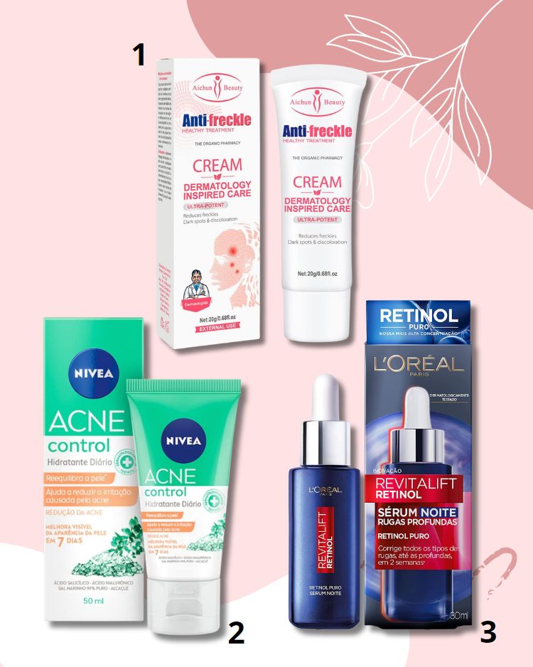Montagem com 3 produtos de tratamento facial disponíveis na Amazon